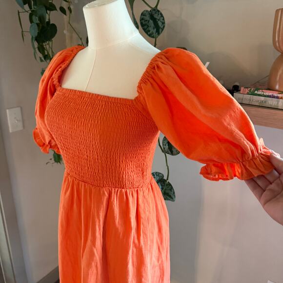 Seven Wonders Orange Puff Sleeve Smocked Cotton Milkmaid Midi Dress M Cottagecor - Picture 4 of 9